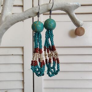 New Handmade Turquoise & Red Beaded Tassel Earrings – Boho Statement Dangles OS